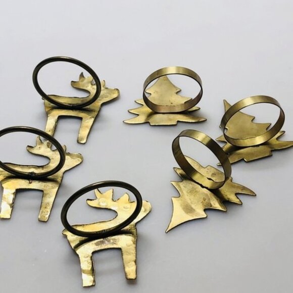 Vintage Napkin Ring Holders Brass Gold Tone Metal Rustic Tree Moose Set Of 6 - Picture 11 of 12